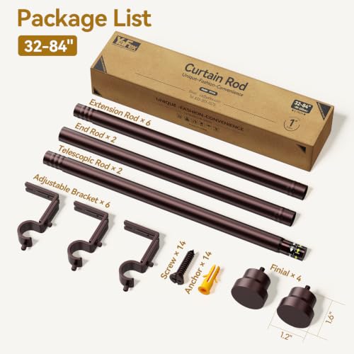 Image of YaFex Curtain Rods 2 Pack 32-84 Inch, Heavy Duty 1 Inch Curtain Rod, Bronze Long Adjustable Window Treatment Rods, Modern Design, Easy Installation