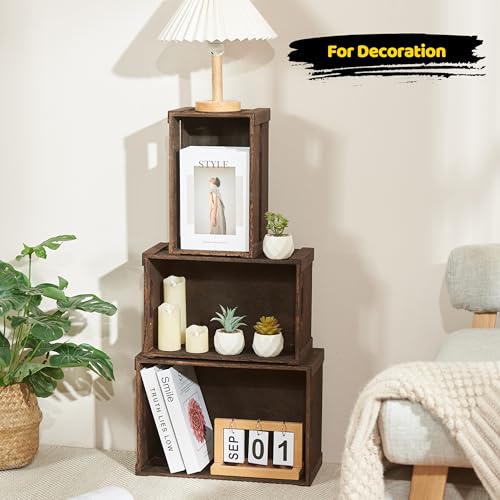 Wooden Crates 3 Pack, Nesting Handmade Wood Crates for Storage, No Installation Wooden Storage Box with Cutout Handle for Display & Decor, Brown - Image 6