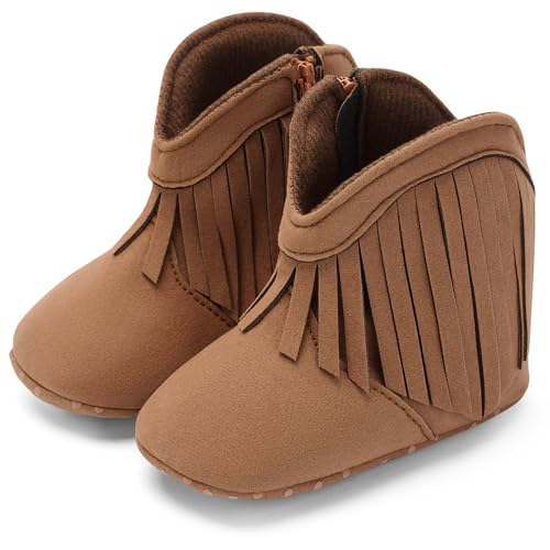 Image of BACSAC Baby Girls Tassel Boots Zipper Infant Western Cowboy Boots Non Slip Toddler Short Boots Soft Comfort First Walker Suede Booties