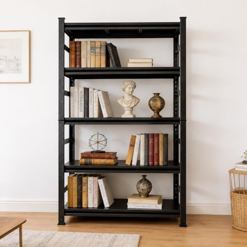 Image of 5 Tier Bookshelf, Large Industrial Metal Shelving, Heavy Duty Storage Shelves For Books And Display. Adjustable Open Standing Book Shelf For Living Room, Bedroom, Office (35.4 inchWx15.7 inchDx71.2 inchH)
