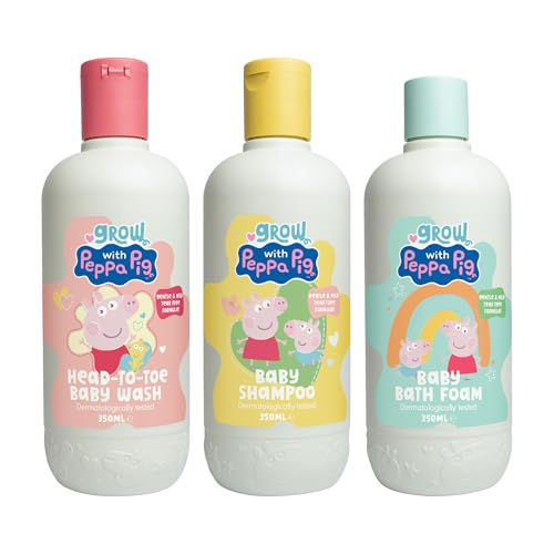 Peppa Pig Bathtime Fun Bundle - 350mlx3 - Coconut & Grape Baby Wash Peach & Oat Milk Kids Shampoo and Peach & Oat Milk Bubble Bath & Baby Wash - Hypoallergenic & Dermatologically Approved