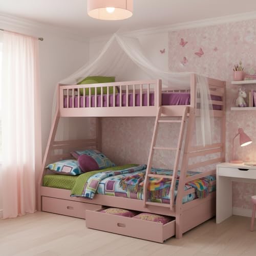 Image of APRODZ Solid Wood Elvira Light Pink Twin Over Queen Size Bunk Bed with Storage