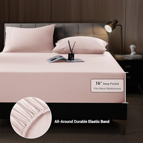 Image of Shilucheng 4 Piece Queen Sheet Sets, Cooling Sheets, Blend Rayon Derived from Bamboo, Deep Pocket Up to 16 inch, Breathable & Soft Bed Sheets, Hotel Silky Bedding Set, Light Pink
