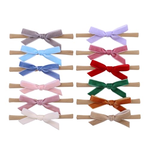 Image of Gebelle Pack of 12 Velvet Bow Headband for Newborn Baby Toddler Girl Soft Nylon Hairbands Elastic Hair Bands (Tiny bow 2.7 inch 12 pcs)