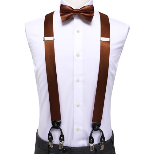 Image of Hi-Tie Men Suspender Bowtie Set Suspenders Pre-tied Bow Tie Pocket Square Cufflinks Adjustable Y Shape 6 Clips Braces Tuxedo