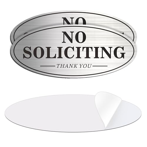 House Door No Soliciting Sign Metal, 2 Pack Silver Color 7.0 x 3.0 inches, Self-Adhesive Modern Design Aluminum Signs for Office Home Business Company, Waterproof and Weather Resistant