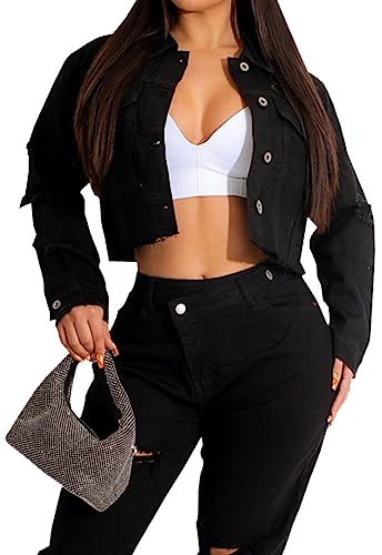 Womens Crop Top Jean Jacket Button Down Long Sleeve Cropped Denim Jacket Coat