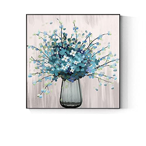 Tableau Peinture Huile Sur Toile, Vase De Branche De Fleurs À Texture Bleue Arrangement De Fleurs Abstraites Modernes Oeuvre Sans Cadre Peintures À L'Huile...