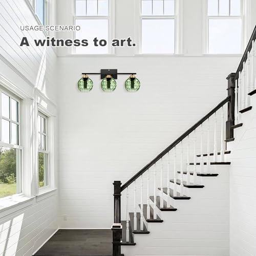 Image of Glass Bathroom Vanity Light Matte Black Mid Century Wall Light Fixtures 3-Light 23.6 Inch Green Globe Shade Indoor Green Glass Wall Sconce for Bedroom Hallway Bedside