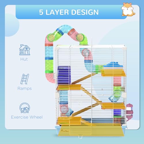 PawHut 18\" 5 Tier Hamster Cage with Tubes and Tunnels, Small Animal Cage with Portable Carry Handle, Gerbil Cage with Water Bottle, Food Dish, Exercise Wheel, Light Blue