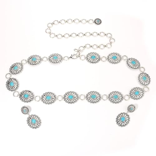 Western Concho Chain Belt -Country Cowgirl Silver MetalTurquoise Wrist Chain Belt Adjustable for Dresses Jeans3