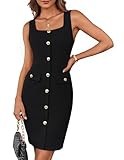 GRACE KARIN Black Dress for Women Buttons Belted Square Neck Dress Business Work Dress Sleeveless Bodycon Midi Dress L