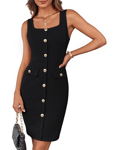 GRACE KARIN 2025 Women's Buttons Belted Square Neck Business Work Dress Sleeveless Bodycon Midi Dress