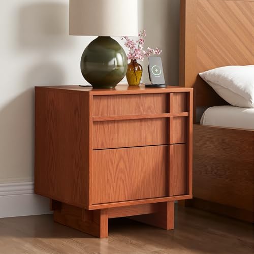 Image of Mid Century Modern Nightstand, Bedside Table for Bedroom, Living Room | Charging Station, 2 Drawers Storage, Skeleton Line Design, Wood Grain Texture, Minimalist, Cherry