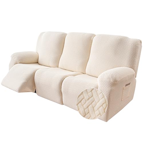 Image of Genina Recliner Sofa Cover Stretch Couch Covers, Sofa Slipcover for Reclining Couch Thick Jacquard Furniture Protector Washable (Beige, 3 Seat)