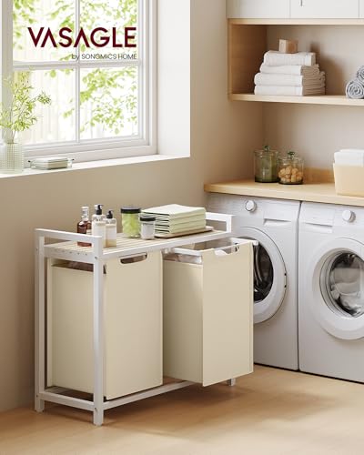 Image of VASAGLE Laundry Hamper, Laundry Basket Sorter with 2 Pull-Out and Removable Bags, Shelf, Metal Frame, 2 x 12.1 Gallons (46 L), 28.8 x 13 x 28.4 Inches, Cappuccino Beige and Natural Beige UBLH201LH01