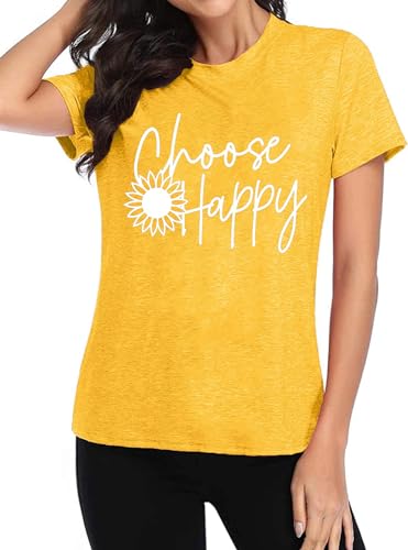 Graphic Tees for Women Choose Happy Letter Print Shirts Sunflower Women T Shirt Inspirational Short Sleeve Casual Tops4