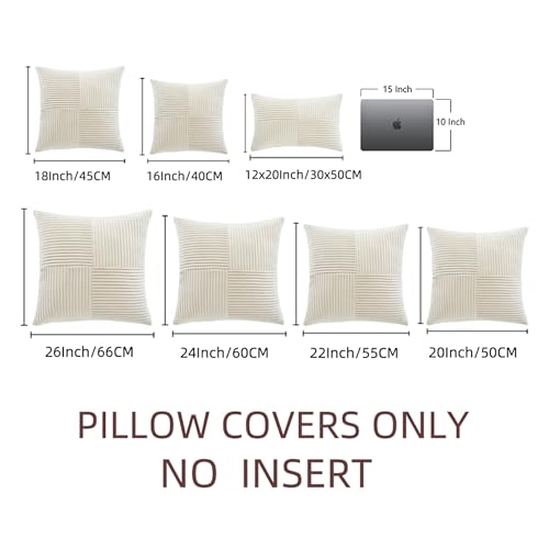 Image of Fancy Homi 2 Packs Cream Decorative Throw Pillow Covers 16x16 Inch for Living Room Couch Bed Sofa, Rustic Farmhouse Boho Home Decor, Soft Corss Patchwork Corduroy Textured Square Cushion Case 40x40 cm