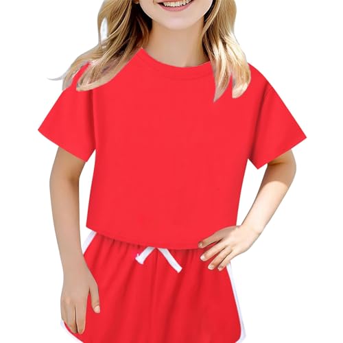 Girls Athletic 2 Piece Outfit Cropped Short Sleeve Solid 2pc Set Tie Front Shorts Kids Workout Running