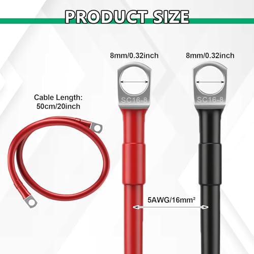 2 Stück Batteriekabel, 16mm² Batteriepoladapter, 12V Kupfer Batterie Kabel mit M8 Ringklemmen, Rot und Schwarz Autobatteriekabel für KFZ, LKW, Motorrad, Wohnmobil, Marine, Solar (M8 16MM² x 50CM)