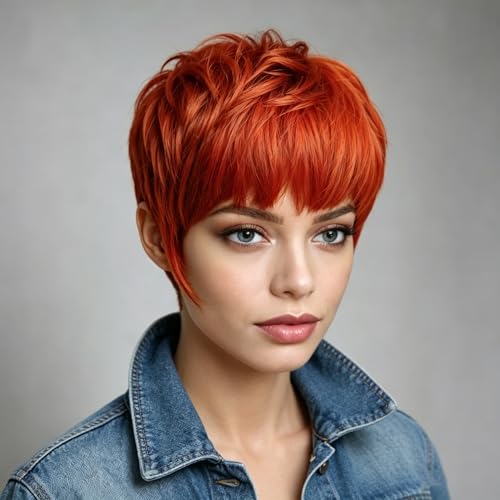 Qingcheng Short Pixie Cut Wig with Bangs, Fiery Red, Layered Style for Women Synthetic Wigs for Women Cosplay Wig