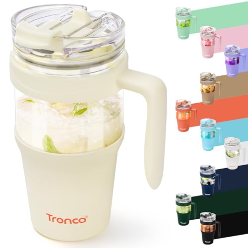 Tronco 32oz Glass Tumbler with Straw and Lid, Leakproof 2-in-1 Sip and Flip Straw Lid, Glass Water Bottles with Handle, Fit in Cup Holder, BPA Free, Dishwasher Safe (Cream)