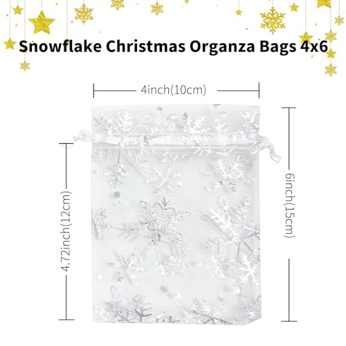 Image of YHJZ 50PCS Snowflake Organza Bags, 4x6 inches Small Christmas Gift Bags with Drawstring, Mesh Bags for Gift (Mixed Color)
