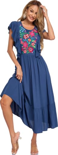 Image of Women's Summer Maxi Dress Casual Floral Embroidered Round Neck Short Sleeve Ruffle Tiered Dress Flowy Boho Beach Sundress