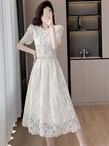 Women Embroidery Lace 2 Piece Set Beaded Flower Single Breasted Short Top A Line Midi Skirt Suits High Qu3