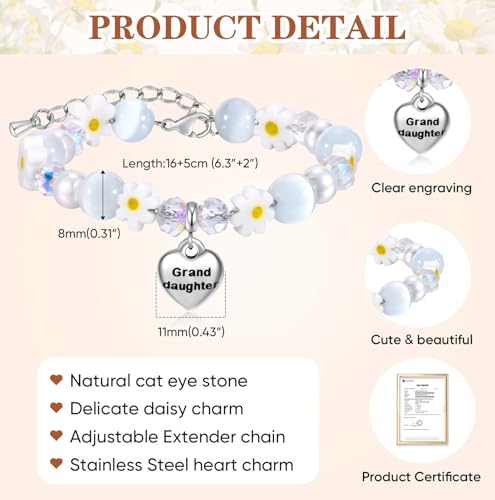 Charm Bracelet Gifts for Girls – Adjustable Daisy & Cat Eye Stone Heart Charm Bracelet with Inspirational Card – Birthday, Christmas, Graduation Jewelry for Daughter, Granddaughter, Niece (Ages 3-15)4