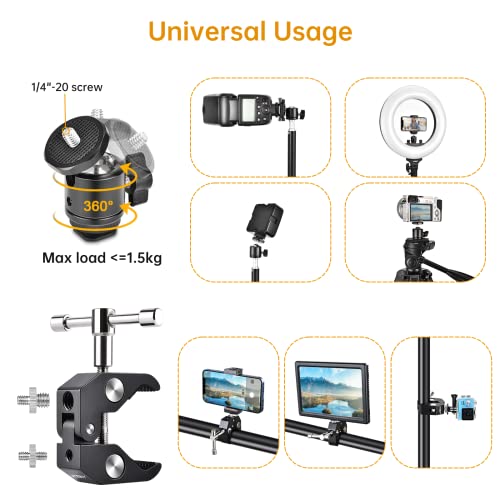 UTEBIT Morsetto Treppiede, Super Morsetto a Staffa con Testa a Sfera Rotazione a 360°, Supporto del Telefono, GoPro e Action Cam, 1/4+3/8 Vite per Fotocamera, Braccio Articolato, Monitor, Microfono