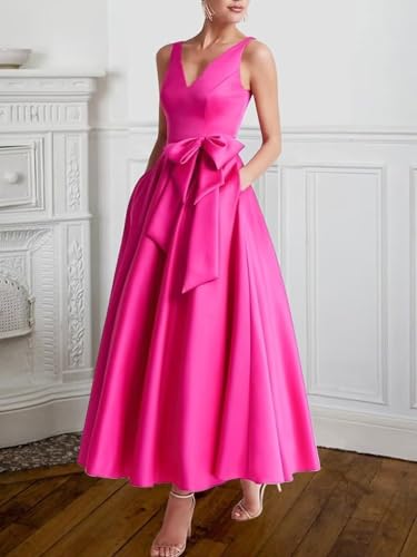 UZN Tea Length Mother of The Bride Dresses 2025 Satin with Bow Formal Wedding Guest Gown with Pockets3