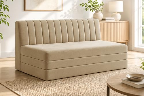 Image of 3-Seater Foldable Floor Sofa Bed with, Modern Velvet Fabric Folding Couch for Living Room, Guest Room & Small Spaces-Golden