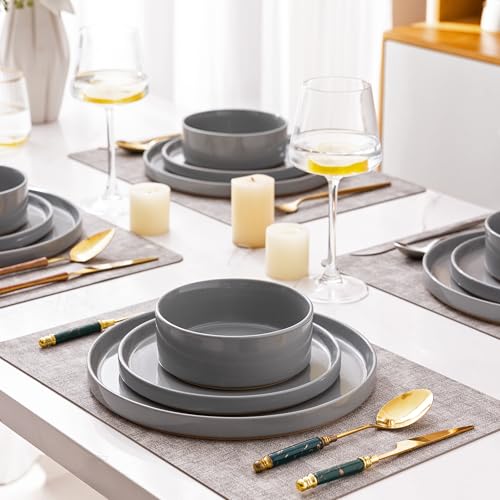 Image of AmorArc Ceramic Dinnerware Set for 8 | Speckled Stoneware Plates and Bowls with Rustic Terracotta Underside| Scratch Resistant,Dishwasher & Microwave Safe Dishes Sets- 24pcs Gray