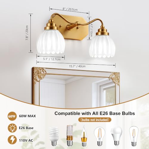 Image of Vintage Gold Vanity Lights, 2 Light Milk White Tulip Crystal | Antique Brass Finish, Brushed Gold Bathroom Light Fixtures, Wall Sconce Ideal for Bedroom, E26 Compatible, Easy Install