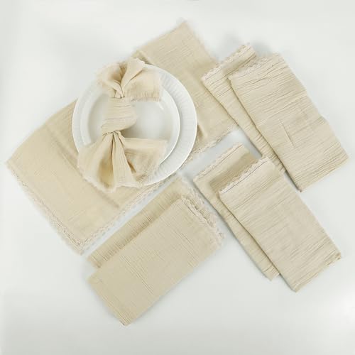 Image of FINGERCRAFT Cloth Napkins Set of 8, 20x20 Inch, Soft Cotton Muslin Dinner Napkins with Lace Edge, Reusable Washable Table Napkins for Wedding, Party, Dining & Home Decor (Beige)
