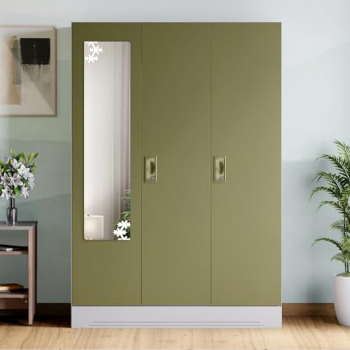 Image of GODREJ INTERIO Almirah Slimline 3-Door Steel Almirah, Cupboard for Clothes (Royal Ivory and Olive Branch), 1-Year Warranty, 6 Shelves, 1 Locker, 2 Drawers, Star Design Mirror
