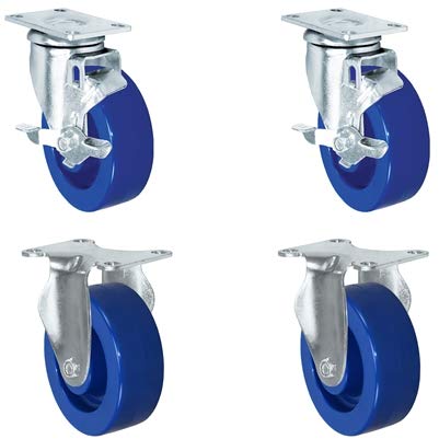 CasterHQ - 4" Solid Polyurethane Wheel | 2 Locking Swivel 2 Rigid | Caster Set of 4 | Plate Size: 2-3/8" x 3-5/8" | 1,400 lbs Capacity Per Set