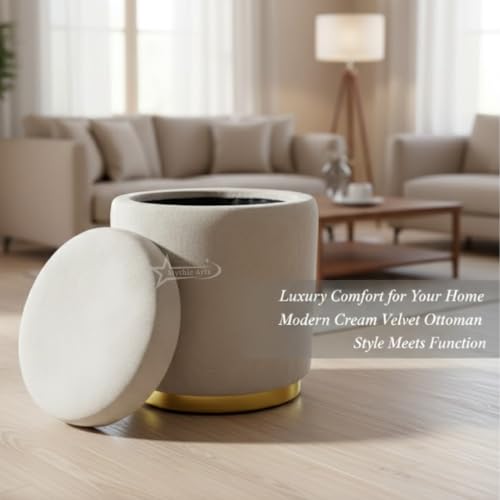 Image of Velvet Round Single Strip Ottoman Office Stool Foot Rest Stool Velvet Fabric Padded Seat Pouf Ottoman 13 X 13X 16 inch, in Round Shape for Living Room Cream
