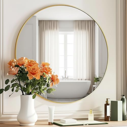 Image of Round Wall Mirror with Durable Wooden Frame - 30 inch (Golden) | Modern Decorative Wall Hanging Mirror for Bathroom, Bedroom, Basin, Dressing Table, Entryway & Home Interior Decor