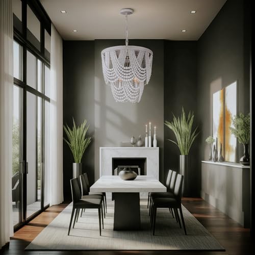 Canarm Solana 5-Light Chandelier, Grey Finish with Real Wood Beads, Boho Ceiling Light for Dining Room, Living Room or Foyer