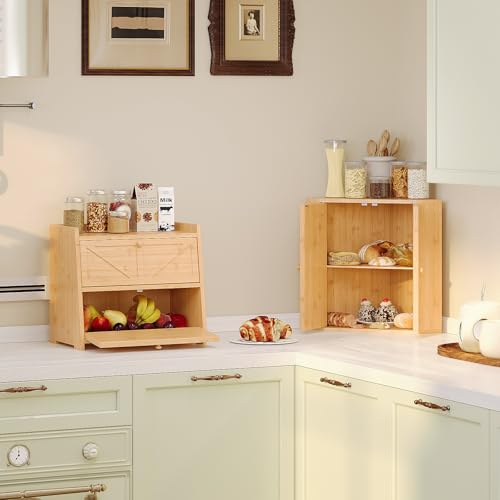 Trironsun Corner Bread Box for Kitchen Counter Double Layer Bamboo Bread Storage Container Large Capacity Bread Storage Bin Farmhouse Breadbox Organizer (Bamboo Natural) - Image 3