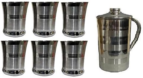 Dynore Stainless Steel Set of 6 Peach Drinking Glass with 2 LTR Water Jug with lid