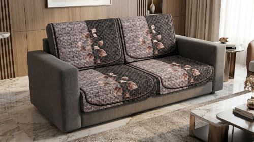 Image of KINGLY Quilted Velvet Sofa Cover Coffee Brown L Shape 3+2 Anti Skid Pipe