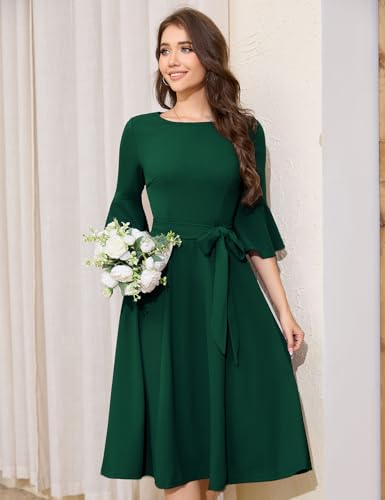 Image of HomRain Women's Church Dresses Modest Bell Sleeve Wedding Guest Cocktail Tea Party Vintage Evening Dress