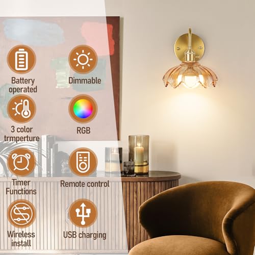 Image of Vintage Glass Sconces, Battery Operated Wall Light with Remote, Rechargeable Wall Sconces RGB, No Socket Required, Easy to Install, Vintage Wall Sconce for Bedroom, Hallway, Aisle