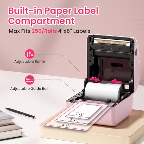 Image of Bluetooth Shipping Label Printer with 3 Roll Labels, D450BT Pink Thermal Label Printer 4x6 for Small Business, Thermal Printers Come with 750PCS 4x6 White Labels (250 Labels /Roll)