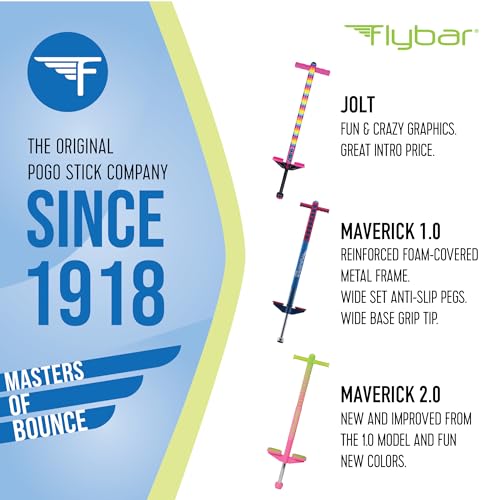 Image of Flybar Maverick 2.0 Foam Pogo Stick for Kids Ages 5 and Up, 40 to 80 Pounds, Outdoor Kids Toys, Pogo Stick for Boys and Girls, Rubber Grip, By The Original Pogo Stick Company (Blue /Green)