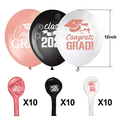 30 Pieces 12 Inch Graduation Party Latex Balloons Class Of Party Decoration 2023 Party Balloons For Graduation Party Supplies, Graduation Decorations Indoor/Outdoor (Black, White, Rose Gold) #TOP1