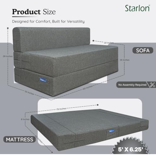 Image of Starlon 3 Seater Foldable Sofa Cum Bed 3-in-1 with Washable Jute Fabric Cover, Space Saving Guest Bed for Living Room & Apartment, Pre-Assembled Ash Gray 5x6.25 Ft